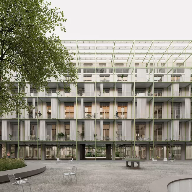 Ansicht Produktionsgeb&auml;ude, im Erdgeschoss der Collective Living Room, Bild: studio blomen