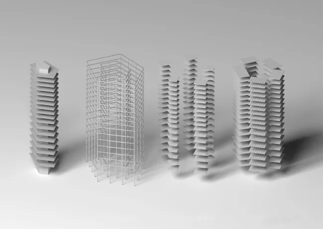 Konzeptmodelle Tragwerk: Die Tragwerke der beiden Hochh&auml;user sind auf Effektivit&auml;t in Stahlbetonbauweise getrimmt. Die Regeldecken werden mit einem maximalen Anteil an vorfabrizierten Hohldielen ausgebildet, welche die Lasten &uuml;ber Slim-Floor-Tr&auml;ger (Verbundbauweise) auf vorfabrizierte Betonst&uuml;tzen weiterleiten.